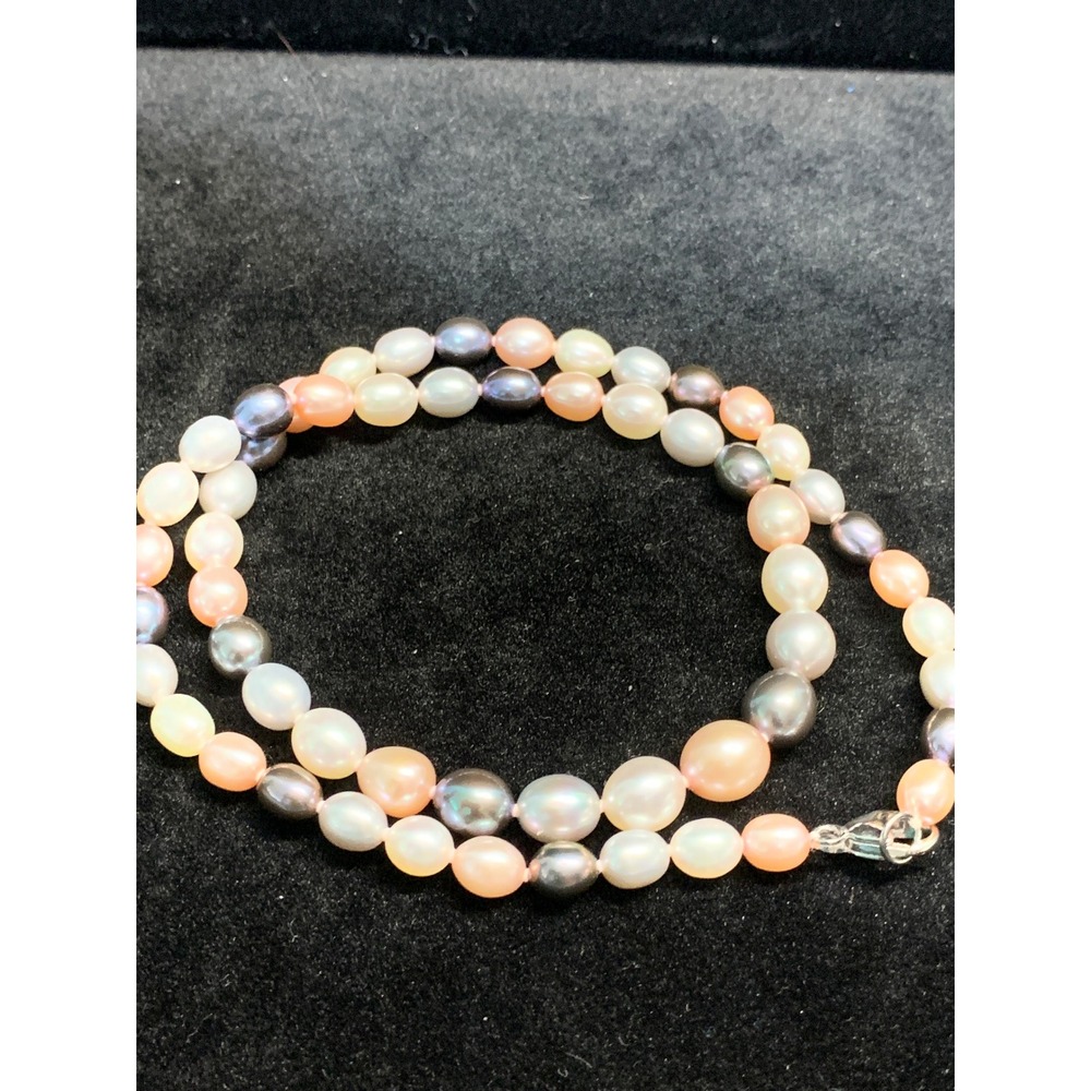 Pastel Colored Freshwater Pearl Necklace Sterling Silver 925 Clasp 17 Inch Oval